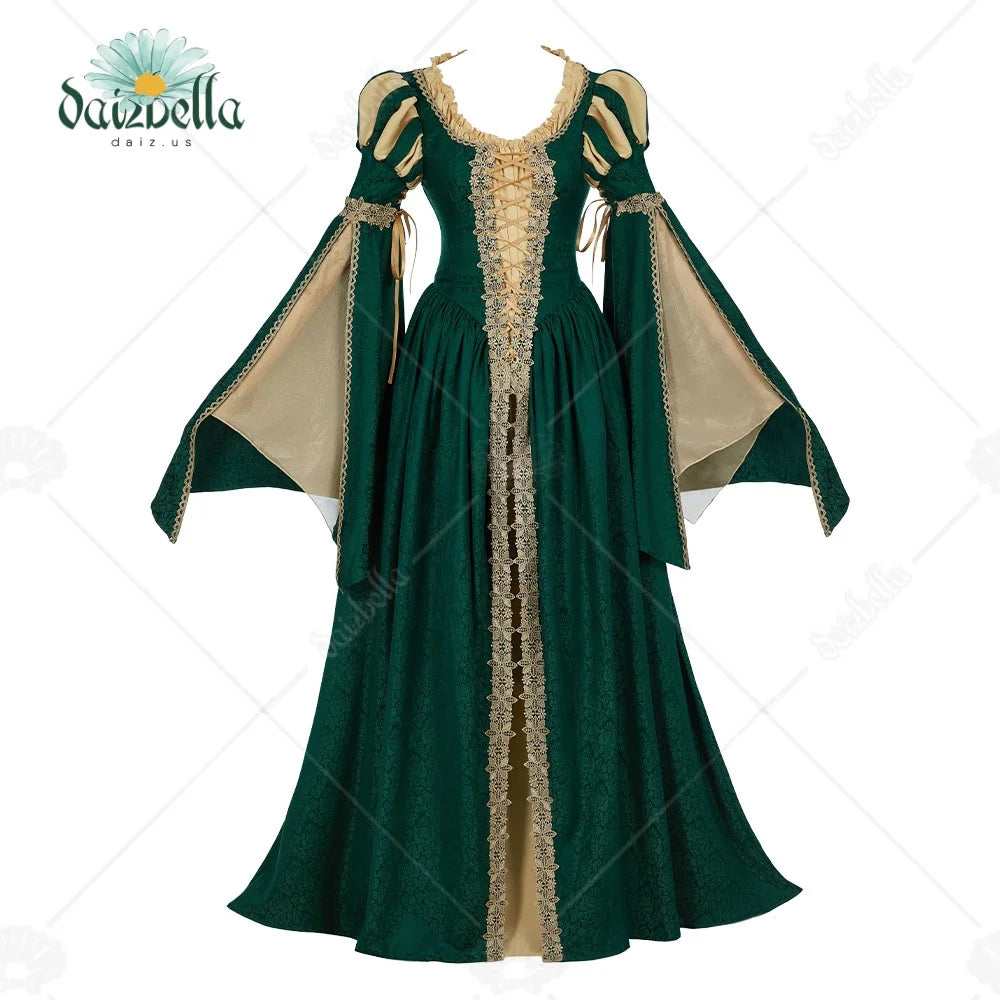 US Stock DAIZBELLA Women Medieval Renaissance Costume Pseudo-two-piece Vintage Renaissance Fair Dress with Wide Sleeves Lace