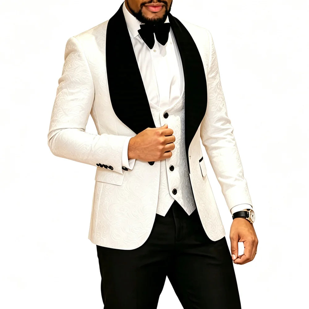 Mens 3 Piece Floral Tuxedo, Jacquard Slim Suit Set, Paisley Blazer Vest And Pants For Prom Wedding