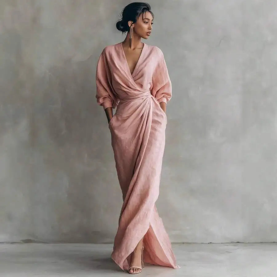Elegant Solid Color V Neck Long Sleeve Wrap Midi Dress With Side Slit For Women
