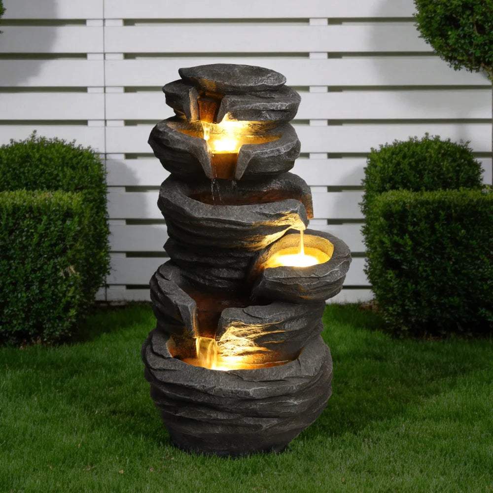 Outdoor Waterfall Fountain with Lights Stacked Rock Cascading Water Feature Resin Garden Decor for Patio Yard Porch Landscape