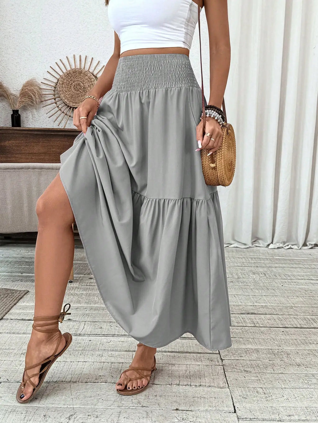 Womens Ditsy Floral A-Line Skirt With Pockets Elastic Waist Ruffle Hem