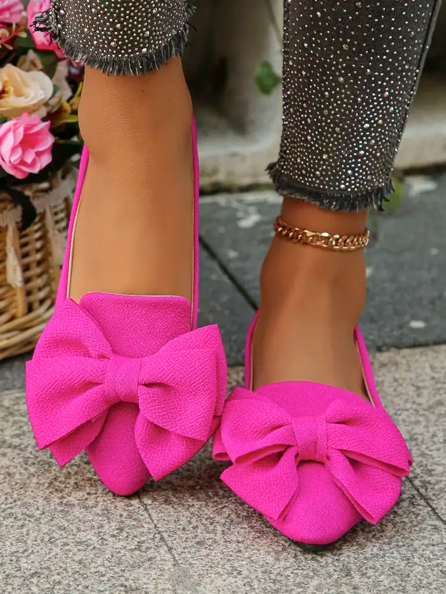Pink Bowknot Pointed Toe Slip-On Flats For Women Comfortable Casual Summer Shoes