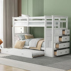 Twin Over Twin Staircase Bunk Bed with Trundle, Triple Bunk Bed, Storage Stairs, Safety Rail, Drawers, Solid Wood, Bedroom Set,