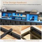 Full Size Bed Frame with Storage 4 Drawers amp LED Lights, Upholstered Headboard with Shelves and Built in Charging Station, Me