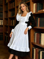 Women Gothic Nun Maid Cosplay Costume Long Sleeve Black Dress White Ruffle Apron Cross Pendant Vintage Victorian Lolita Outfit Halloween Carnival Cafe Waitress Uniform
