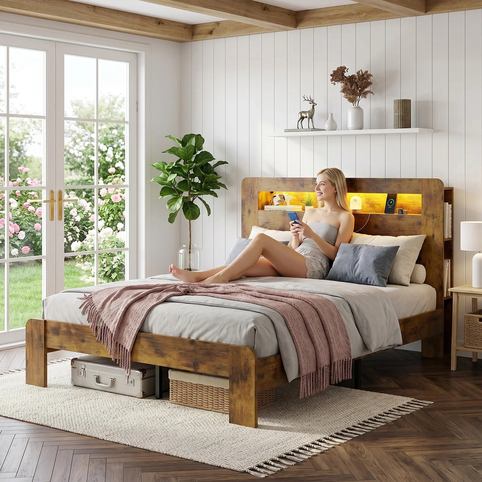 Portable Queen Size Bed Frame with Storage Headboard Platform Bed Frame with Charging Station LED Light Easy Assembly No Box