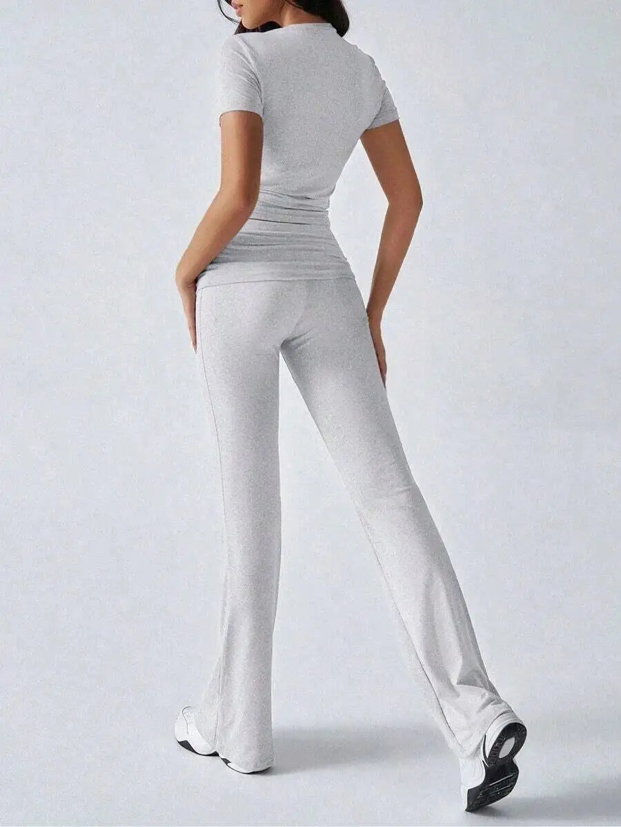Womens Two Piece Casual Sport Set Round Neck Short Sleeve Top And Straight Pants