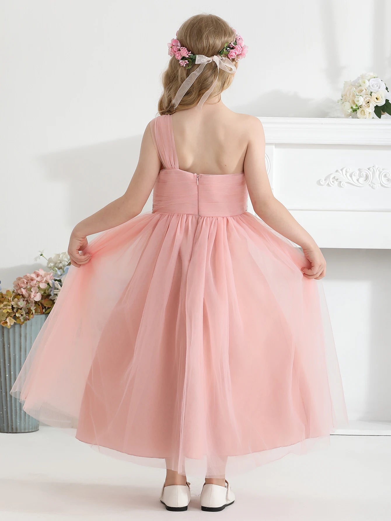 Wedding Flower Girl Dress, One Shoulder Ruched Tulle Gown, A-Line Princess Dress with Rhinestone Waist for Girls Junior Bridesmaid