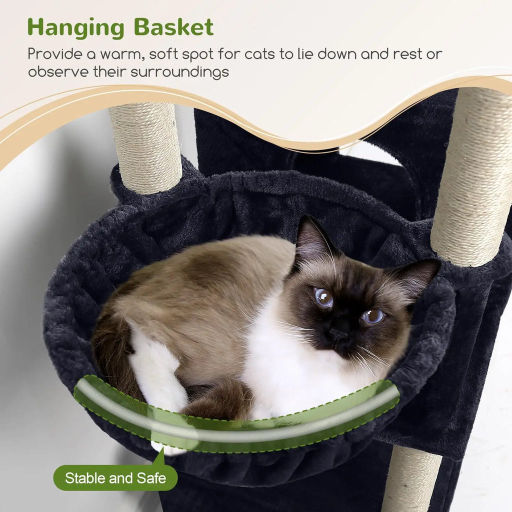 Indoor Use, Multi-Level Cat Tree in Dark Gray, with 3 Condos, Scratching Posts and Soft Extra Large Hanging Basket