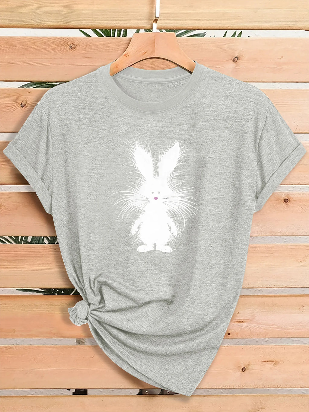 Women Fluffy White Bunny Rabbit Graphic T Shirt Cute Cartoon Animal Easter Spring Short Sleeve Crew Neck Heather Pink Casual Tee Tops