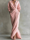 Women V-Neck Solid Cotton Maxi Dress With Draped Detail