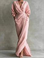 Women V-Neck Solid Cotton Maxi Dress With Draped Detail