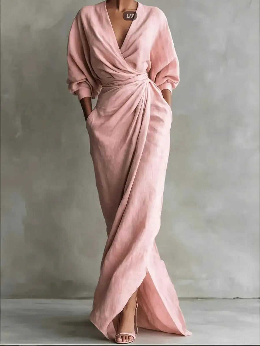 Women V-Neck Solid Cotton Maxi Dress With Draped Detail