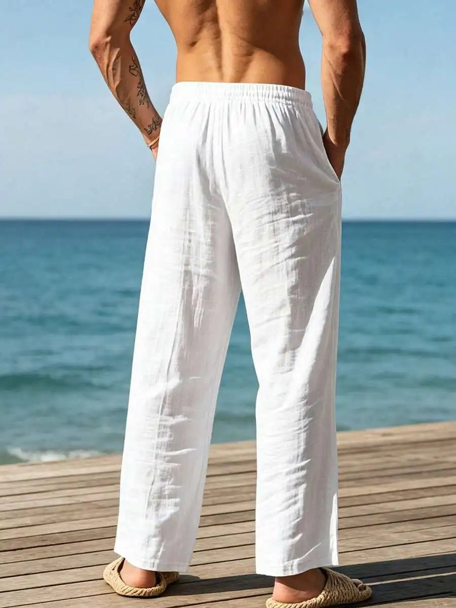 Men White Linen Loose Casual Long Pants For Spring Summer Autumn