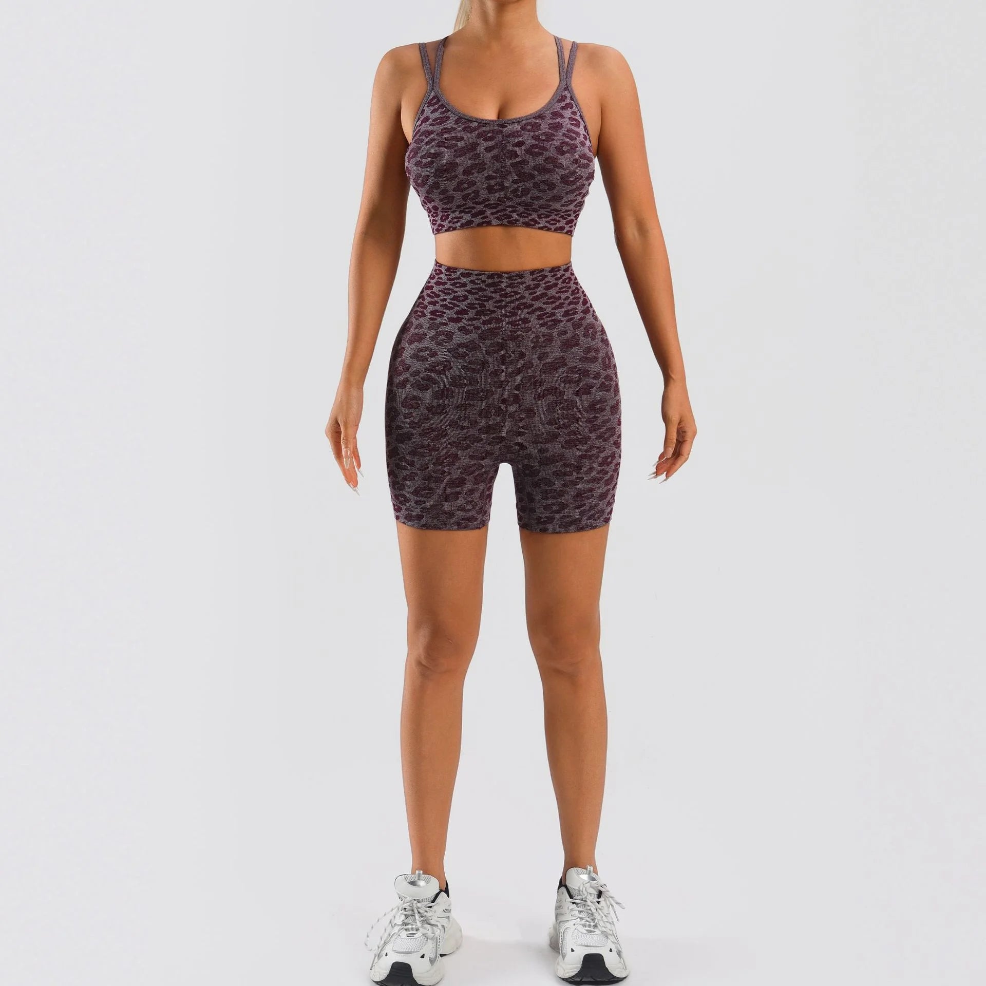 Women's Leopard Print Workout Sets 2 Piece Outfits Crop Tank Tops and Shorts Sports Yoga Gym Tracksuit