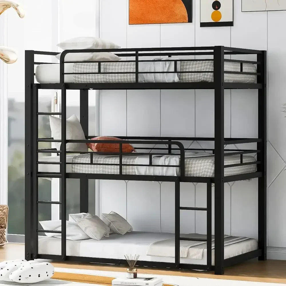 Sturdy Triple Bunk Bed - Twin Over Twin Over Twin Metal Frame for Kids, Teens, Adults in Black