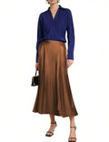 Womens Brown Satin Midi Skirt High Waisted Wrap Tie Flowy A-Line For Casual Office Date