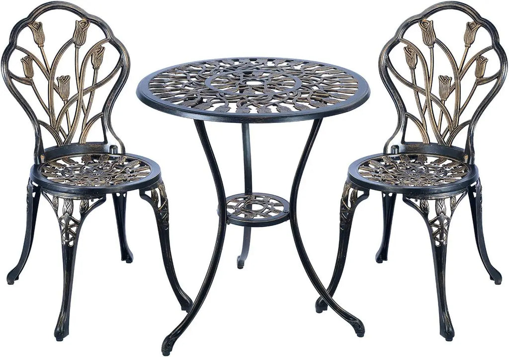Cast Aluminum Bistro Set, Outdoor Patio Furniture Set, Balcony Garden Yard Table And Chairs, Weather Resistant Anti Rust Tulip Pattern Design, Antique Copper 3 Piece Set