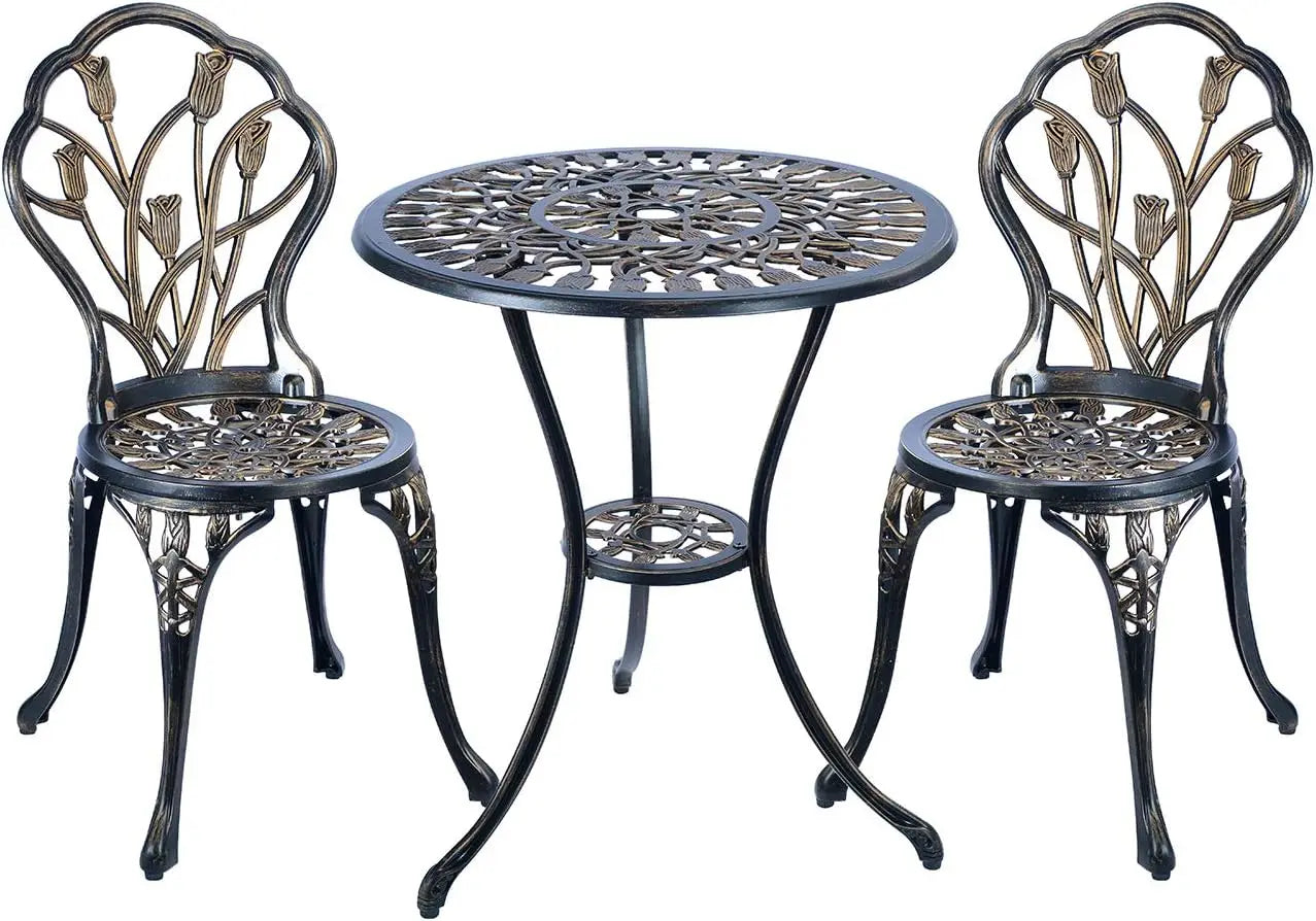 Cast Aluminum Bistro Set, Outdoor Patio Furniture Set, Balcony Garden Yard Table And Chairs, Weather Resistant Anti Rust Tulip Pattern Design, Antique Copper 3 Piece Set