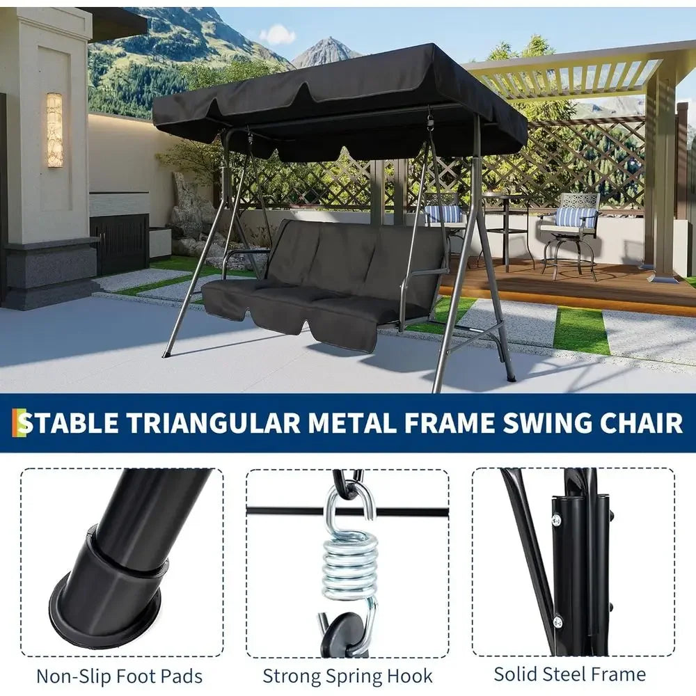 3-Person Adjustable Shade Outdoor Swing Chair for Patio and Porch