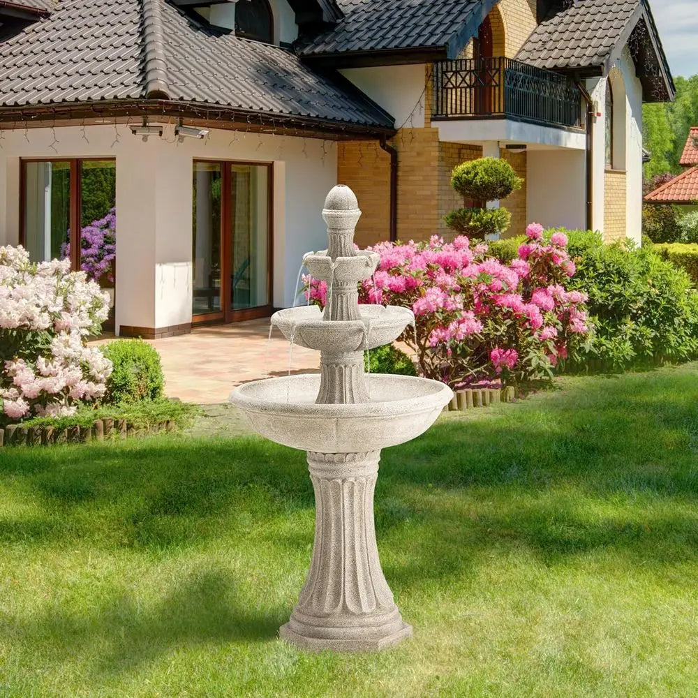 3-Tier Resin Patio Waterfall with Pump and LED Light, Sand Beige Outdoor Floor Fountain for Garden and Backyard