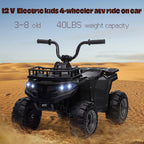 12V Kids Ride On Electric ATV, Ride Car Toy with Bluetooth Audio,High/Low Speed, LED Headlights, Battery Indicator & Radio