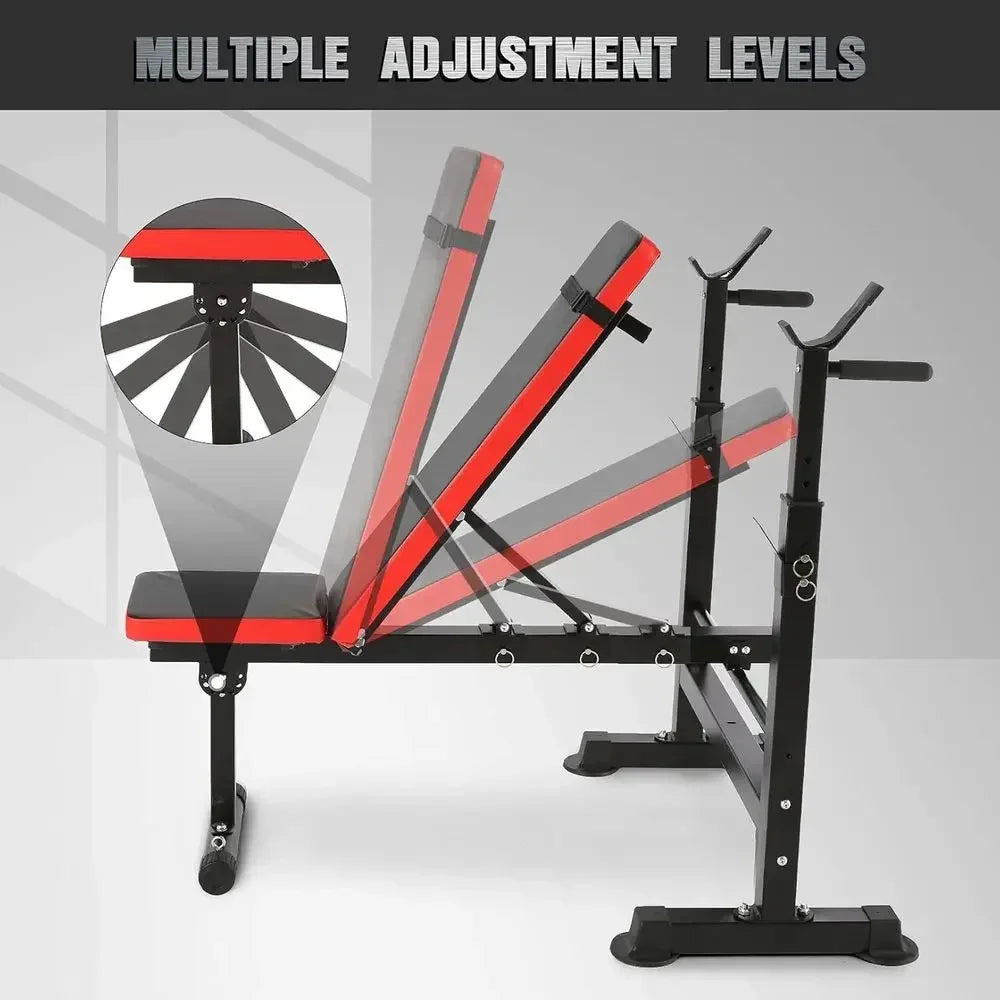 Red Adjustable Folding Weight Bench for Full Body Workouts with Bar Rack - Home Gym Equipment