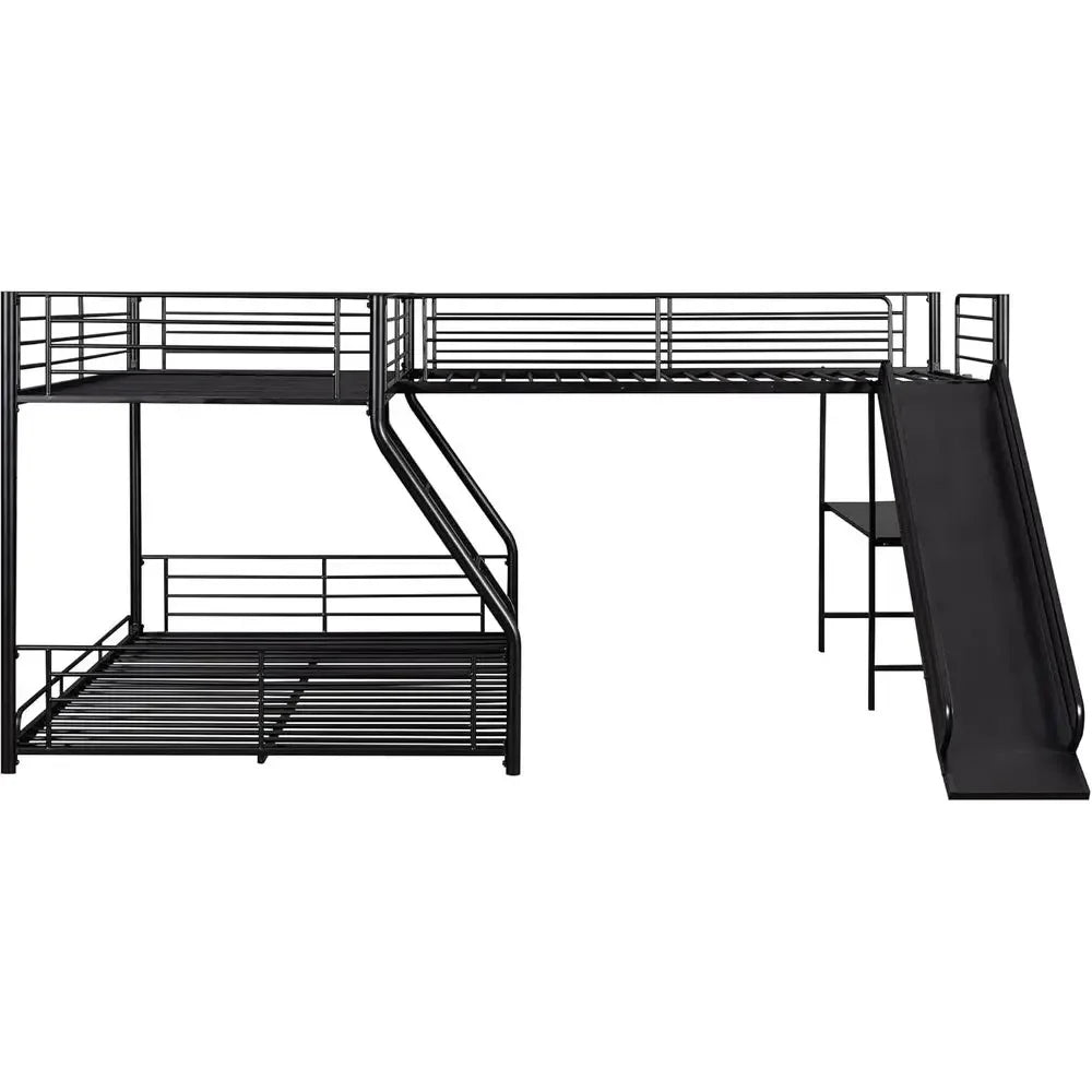 L-Shaped Bunk Bed with Twin Over Full Metal Frame, Built-in Desk and Slide for Kids (Black)
