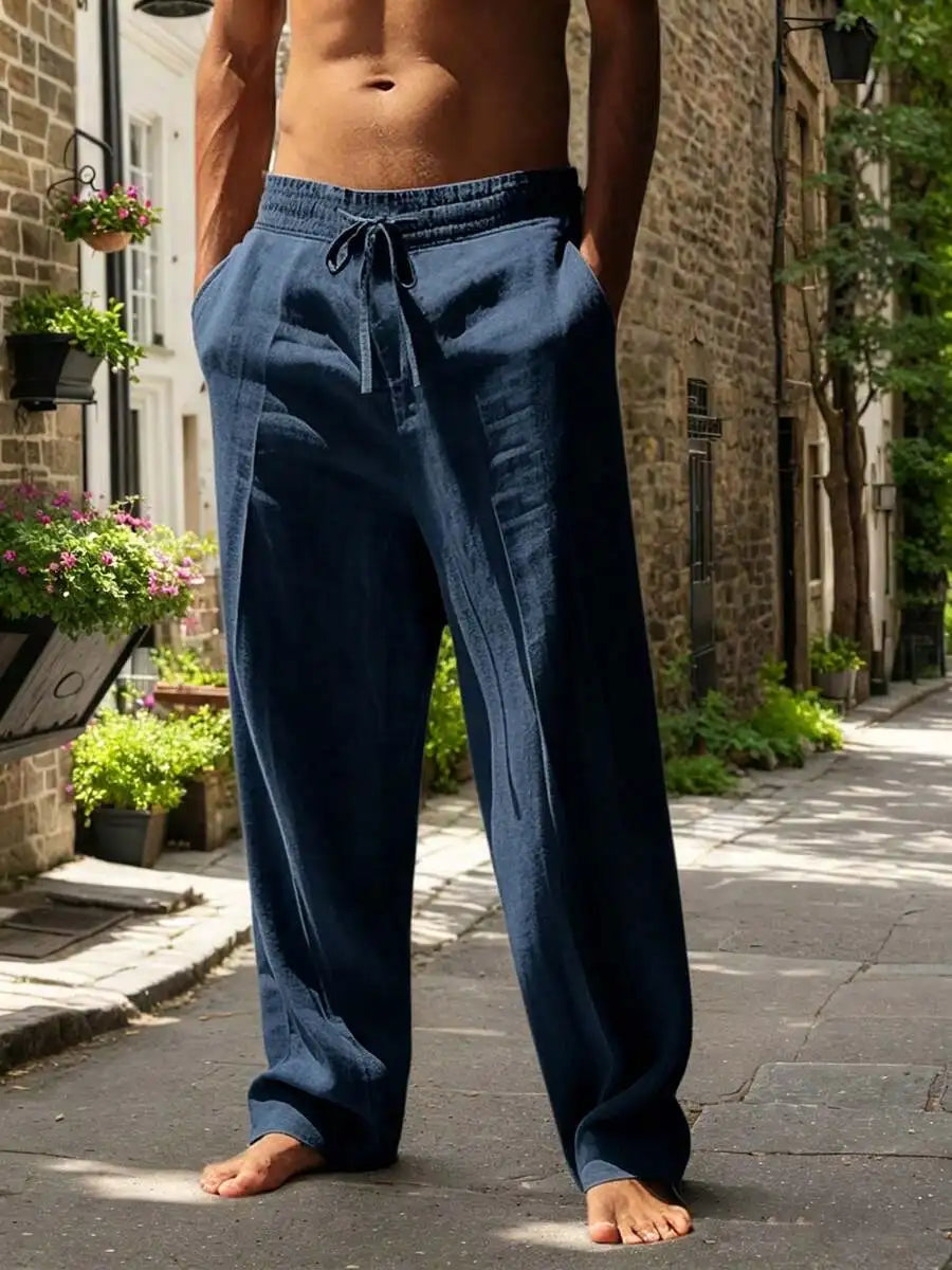 Men White Linen Loose Casual Long Pants For Spring Summer Autumn