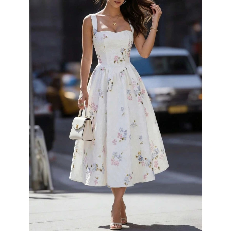 Women's White Floral Ruffle Hem Midi Dress, Square Neck Sleeveless Dress, Sweet Romantic Summer Holiday Dress