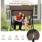 3-Seat Outdoor Porch Swing with Adjustable Canopy, Armrests, Metal Frame and Thickened Cushions for Garden, Poolside & Deck
