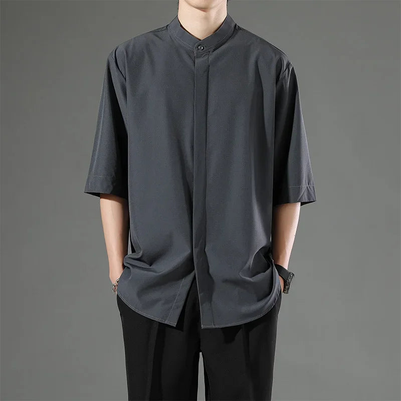 Japanese Stand Collar Non Iron Stretch Shirt Men Summer Loose Solid Short Sleeve Business Casual Daily Office Commute Wear Top Gift