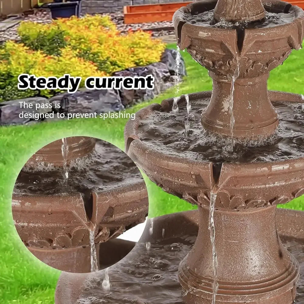 3-Tier Outdoor Waterfall Fountain with Pump and Leaf Carving for Garden, Patio, or Backyard (Brown)