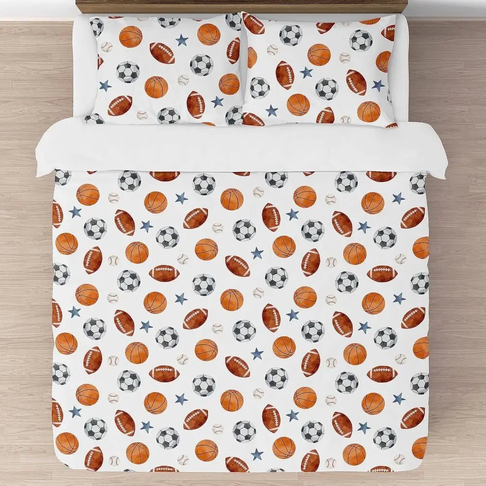 Full Size Sports Themed Bedding Set for Kids & Adults - 3 Piece Watercolor Soccer, Football, Basketball with Blue Stars