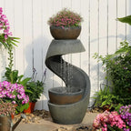 S-Shaped Outdoor Waterfall Fountain with LED Lights and Planter Bowl for Garden, Patio, Balcony, or Yard Decor