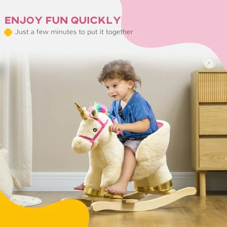 Rocking Horse, Ride on Unicorn with Realistic Sounds, Safety Belt and Wooden Base, Plush Animal Rocker for Toddlers -36 Months,