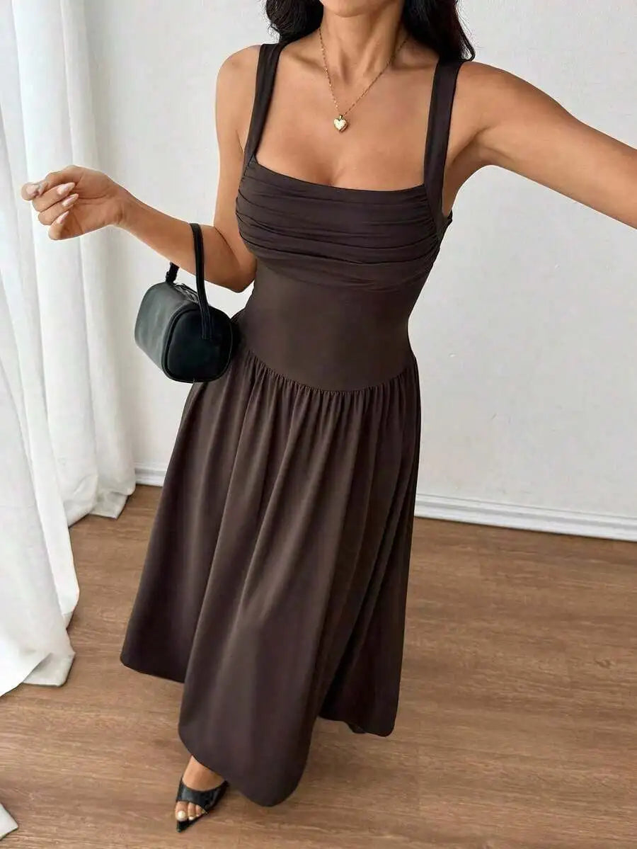 Womens Elegant White Square Collar Sleeveless Maxi Dress With Shirred Body