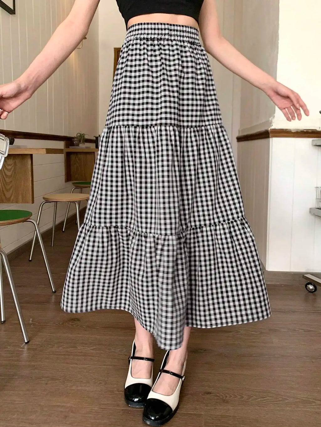 DAZY Women's Plaid Long Skirt,Ruffle Fall Skirts