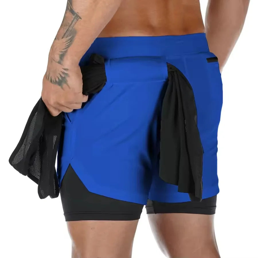 Sports Shorts Jogging Training Quick Dry 2-in-1 Double Layer Elastic Waist Taffeta Regular Fit Summer Men Single Pair