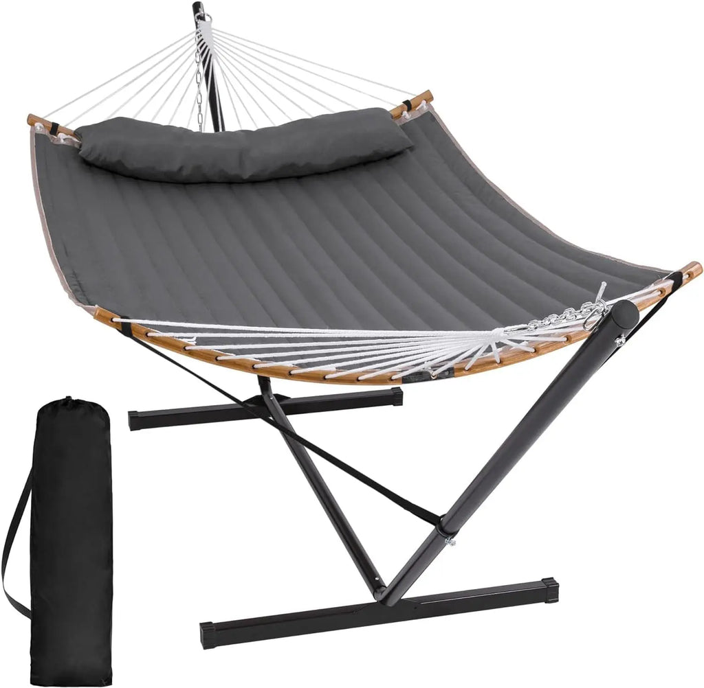Outdoor 2-Person Portable Hammock with Stand, Curved Spreader Bar and Balance Ropes, Dark Gray