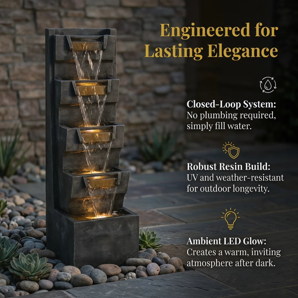 39.4" Outdoor Water Fountain, Tall 4-Tier Cascading Waterfall Fountain with Warm LED Lights, Stone-Look Resin Water Feature with Quiet Pump for Patio Garden Porch Entryway Backyard Decor