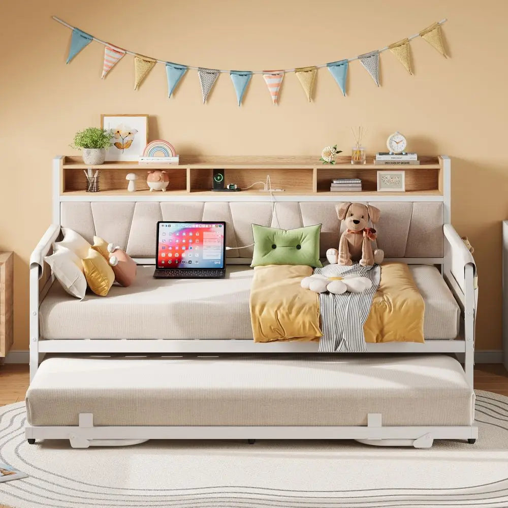 Daybed with Trundle Bed, Twin Bed Frame with Upholstered Storage Headboard and Charging Station, Sofa Day Bed with Strong Suppo