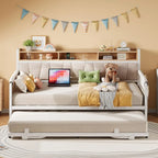 Daybed with Trundle Bed, Twin Bed Frame with Upholstered Storage Headboard and Charging Station, Sofa Day Bed with Strong Suppo