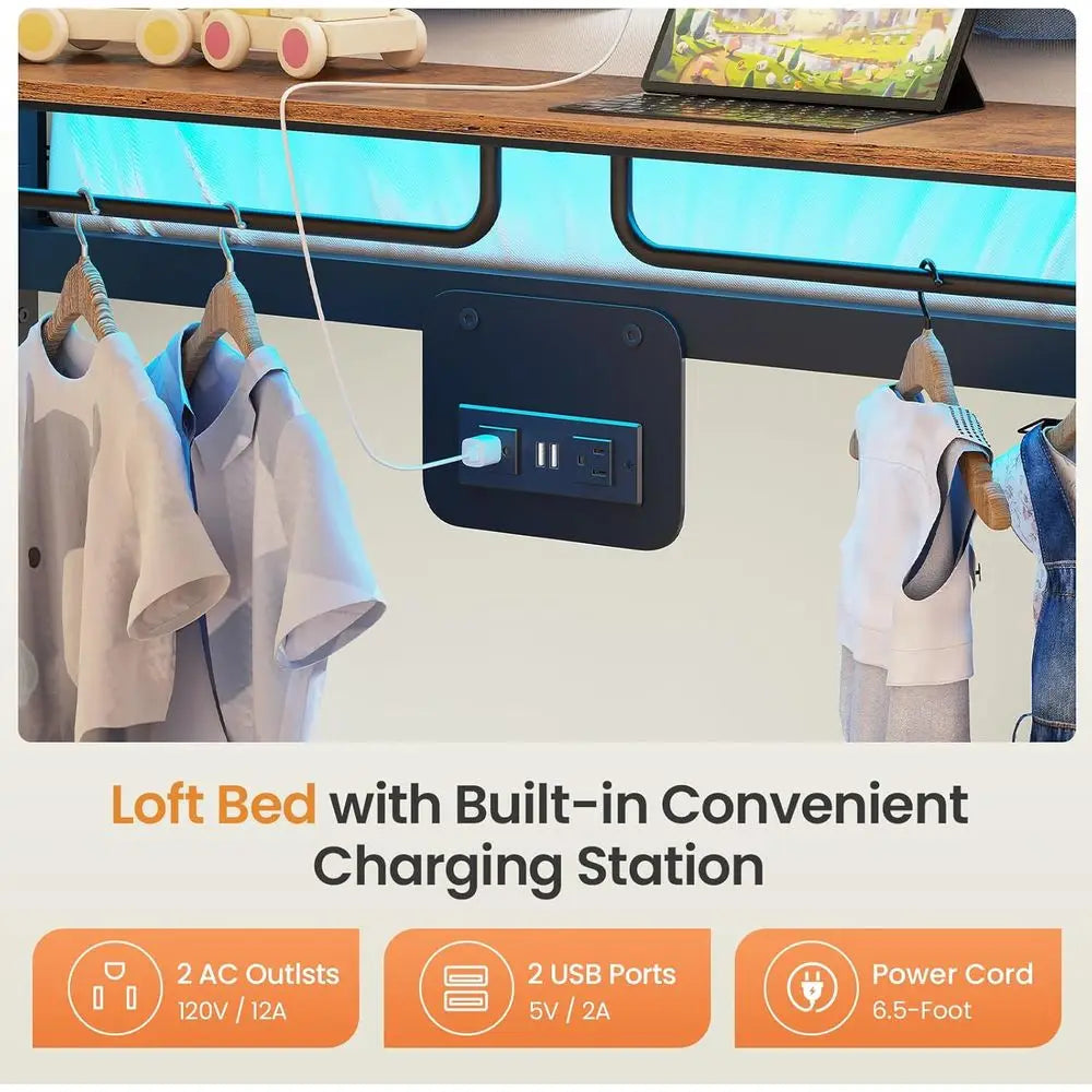 Itaar Metal Bunk Bed Twin Over Twin with Hall Tree, Power Outlet, LED Bunk Bed with 4 Storage Ders, Bed with Saety Guardrail & L