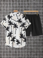 2-pack, men's short-sleeved button-down shirt with a lapel and printed pattern, paired with drawstring pants, for trendy, casual