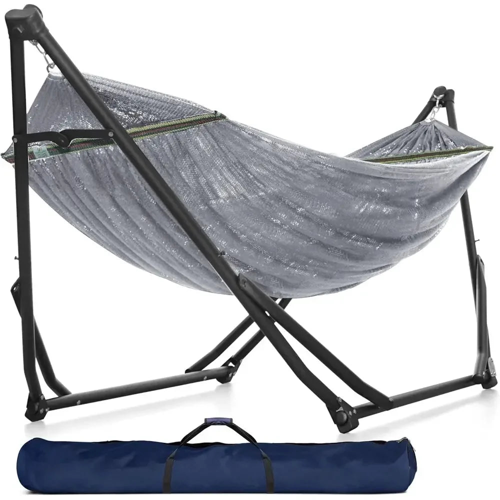 Heavy-Duty Indoor/Outdoor Hammock with Steel Stand, 600lbs Capacity, Durable Double-Layered Polyester, Grey