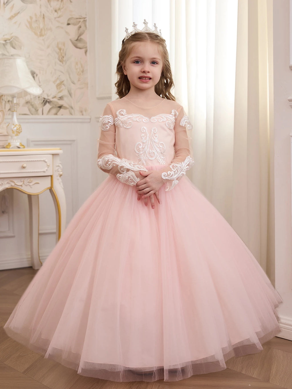 Junior Bridesmaid Dress for Girls, Pink Tulle Lace Backless Formal Gown, Elegant Wedding Party Outfit with Pearl Detail