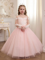 Junior Bridesmaid Dress for Girls, Pink Tulle Lace Backless Formal Gown, Elegant Wedding Party Outfit with Pearl Detail