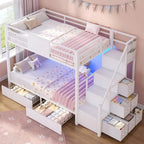 BTHST Bunk Bed Twin Over Twin with Stairs, LED Lights Twin Bunk Bed with 2 Storage Ders & 6 abric Ders, Metal Twin Lot Beds with