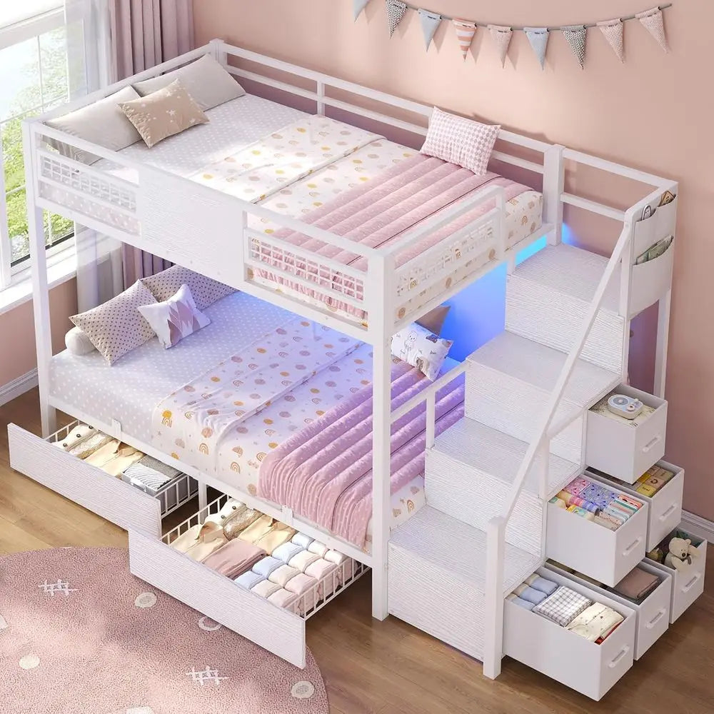 BTHST Bunk Bed Twin Over Twin with Stairs, LED Lights Twin Bunk Bed with 2 Storage Ders & 6 abric Ders, Metal Twin Lot Beds with
